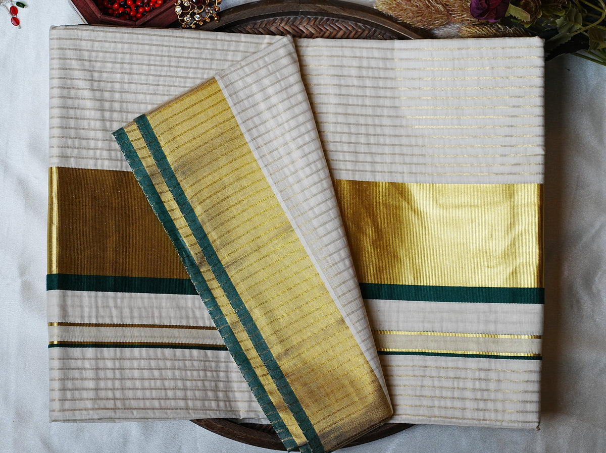 🌟 Golden Zari Checks & Forest Green: Premium Cotton Kerala Saree ✨ - SAROYA