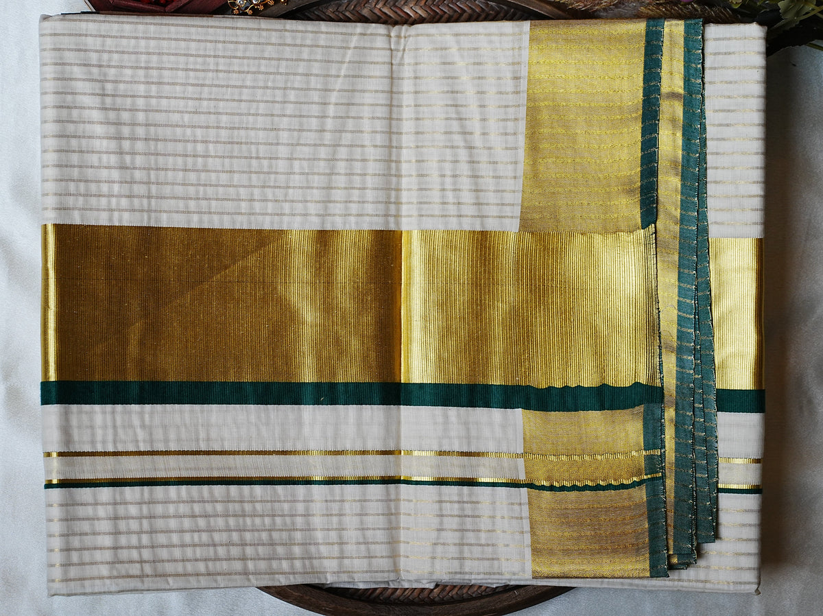 🌟 Golden Zari Checks & Forest Green: Premium Cotton Kerala Saree ✨ - SAROYA