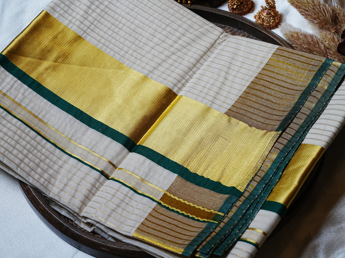 🌟 Golden Zari Checks & Forest Green: Premium Cotton Kerala Saree ✨ - SAROYA