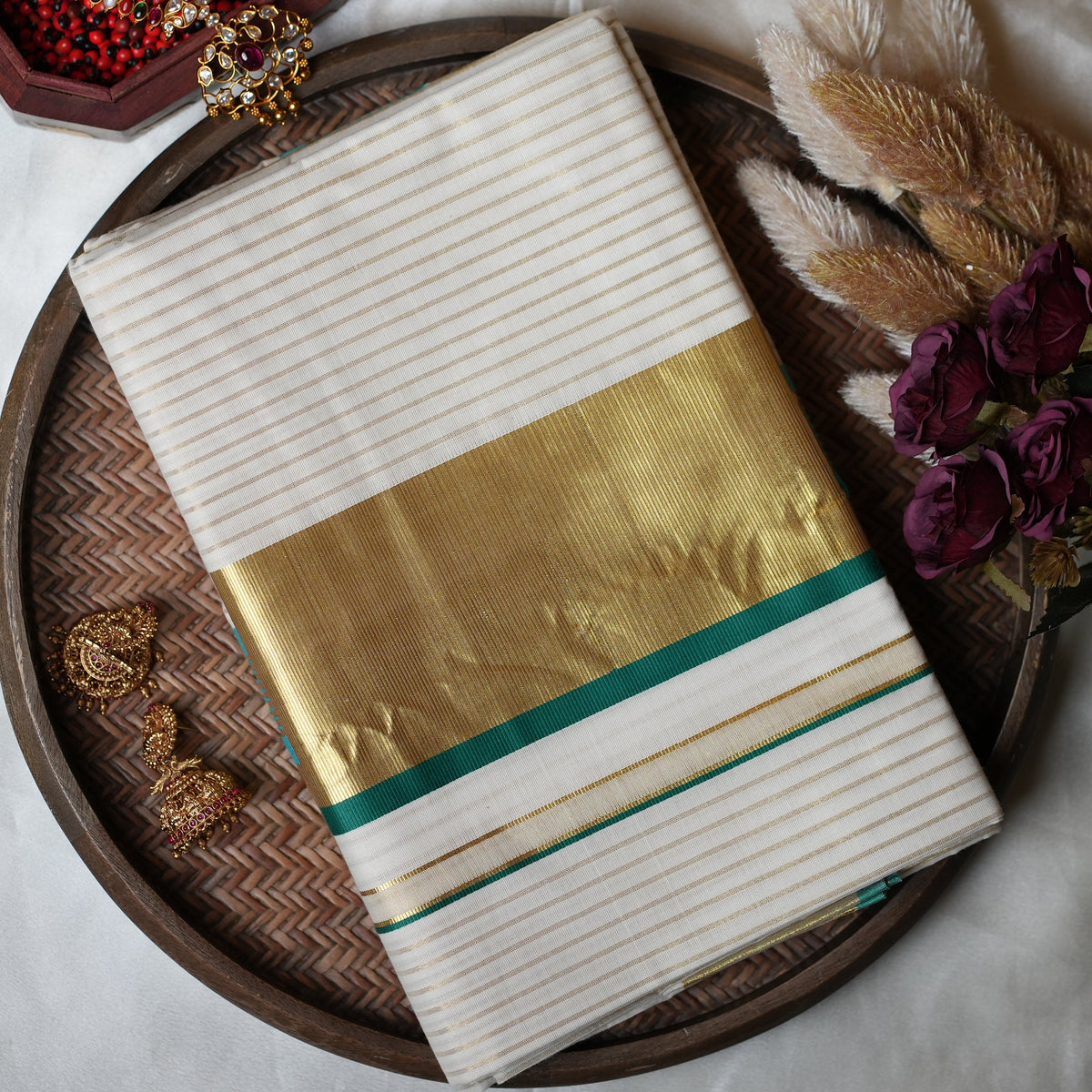 🌟 Golden Zari Stripes & Emerald Green: Premium Cotton Kerala Saree ✨ - SAROYA