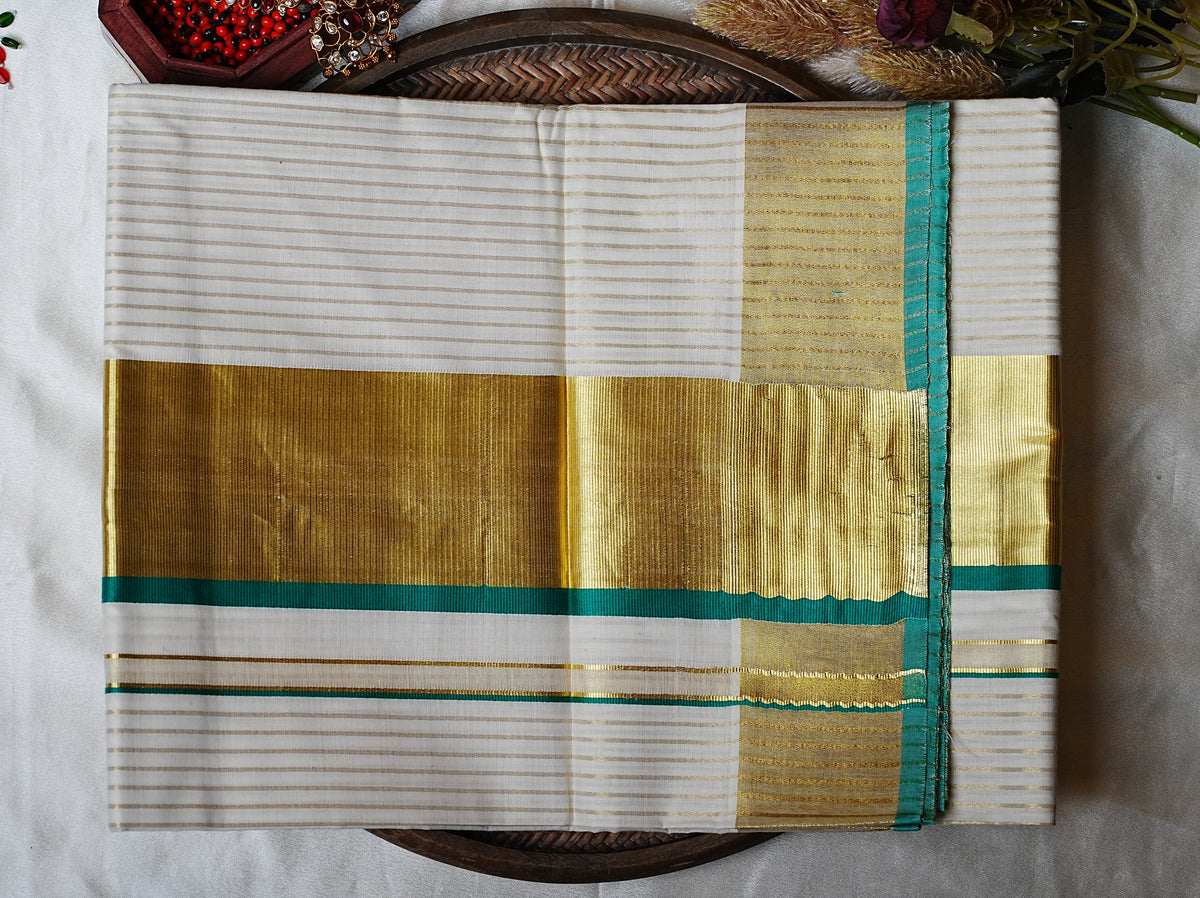 🌟 Golden Zari Stripes & Emerald Green: Premium Cotton Kerala Saree ✨ - SAROYA