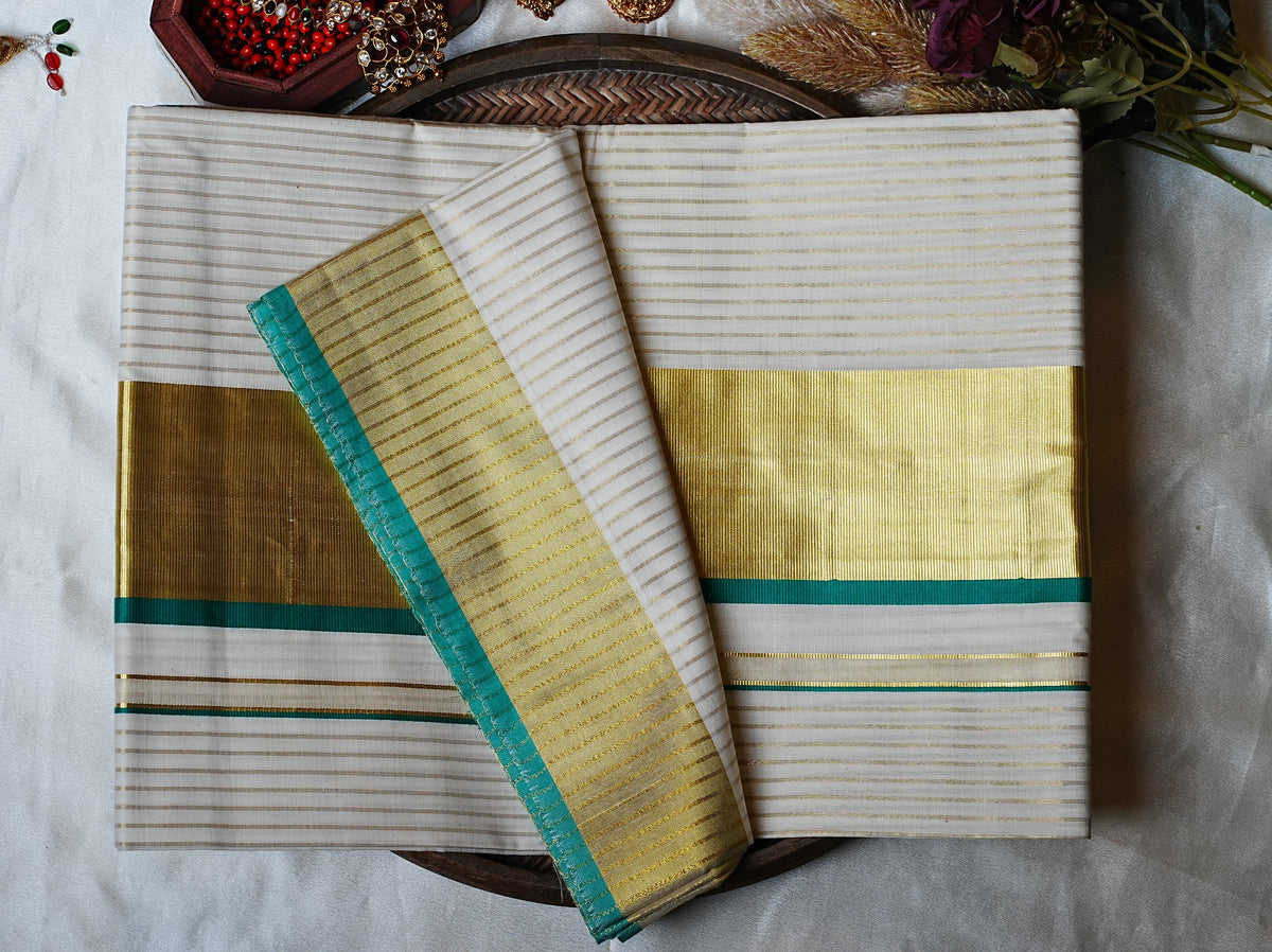 🌟 Golden Zari Stripes & Emerald Green: Premium Cotton Kerala Saree ✨ - SAROYA