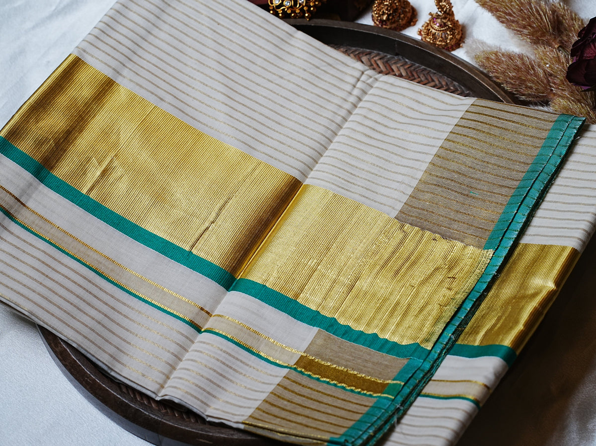 🌟 Golden Zari Stripes & Emerald Green: Premium Cotton Kerala Saree ✨ - SAROYA