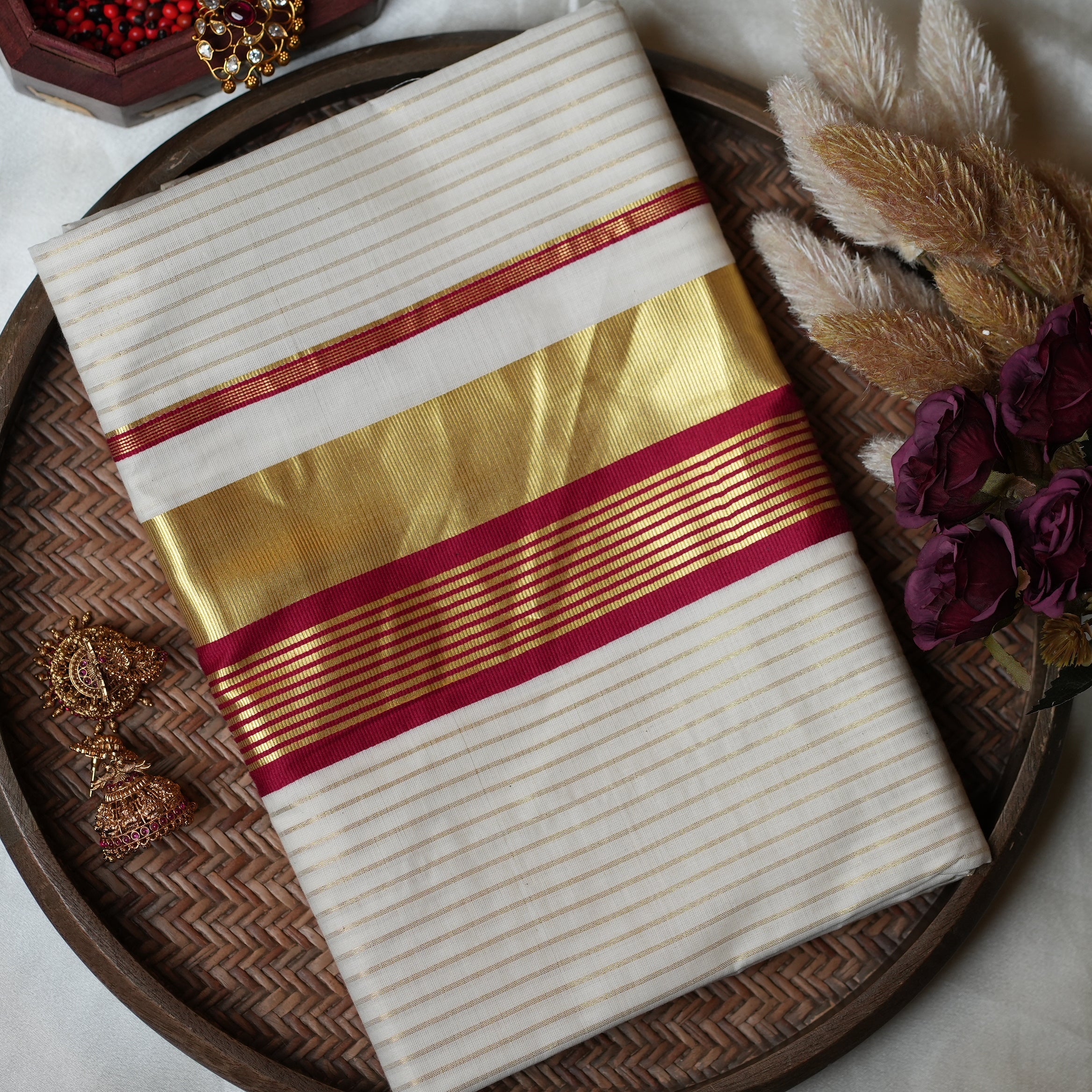 ❤️ Golden Zari Stripes & Festive Maroon-Crimson Accent: Premium Cotton Kerala Saree ✨ - SAROYA