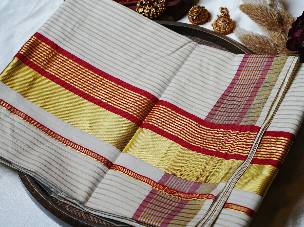 ❤️ Golden Zari Stripes & Festive Maroon-Crimson Accent: Premium Cotton Kerala Saree ✨ - SAROYA