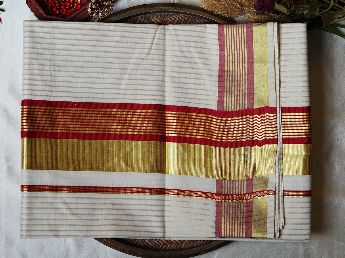 ❤️ Golden Zari Stripes & Festive Maroon-Crimson Accent: Premium Cotton Kerala Saree ✨ - SAROYA