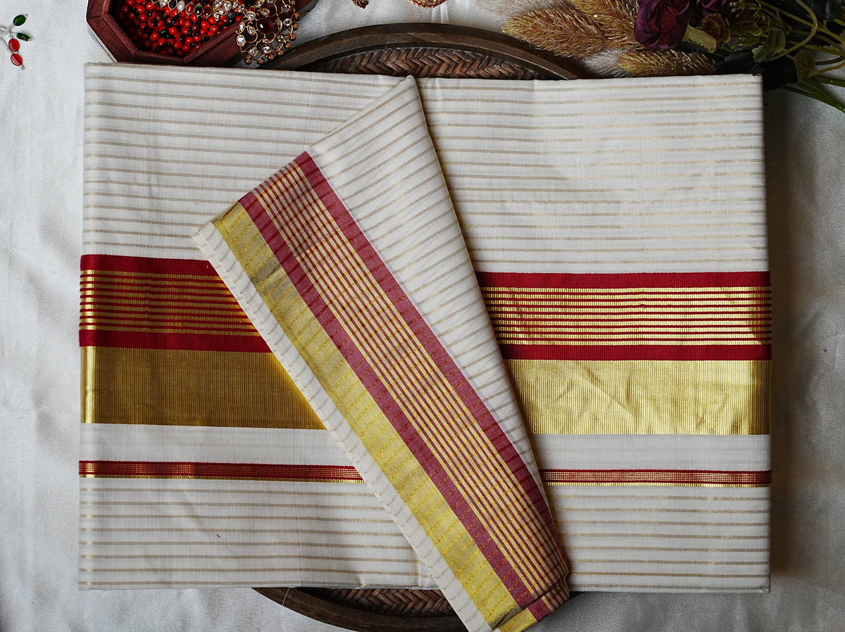 ❤️ Golden Zari Stripes & Festive Maroon-Crimson Accent: Premium Cotton Kerala Saree ✨ - SAROYA