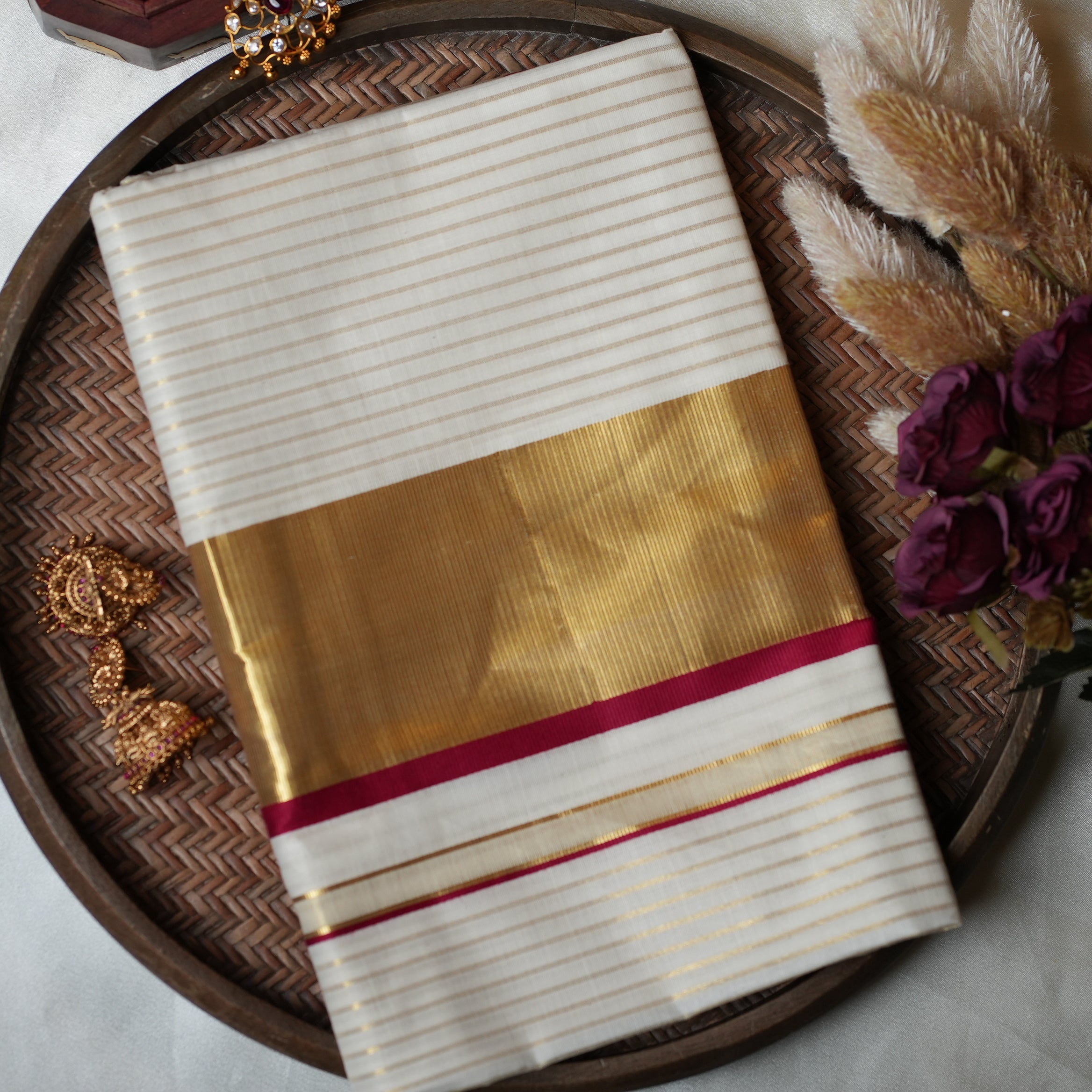 🌟 Golden Zari Stripes & Rich Maroon: Premium Cotton Kerala Saree ✨ - SAROYA