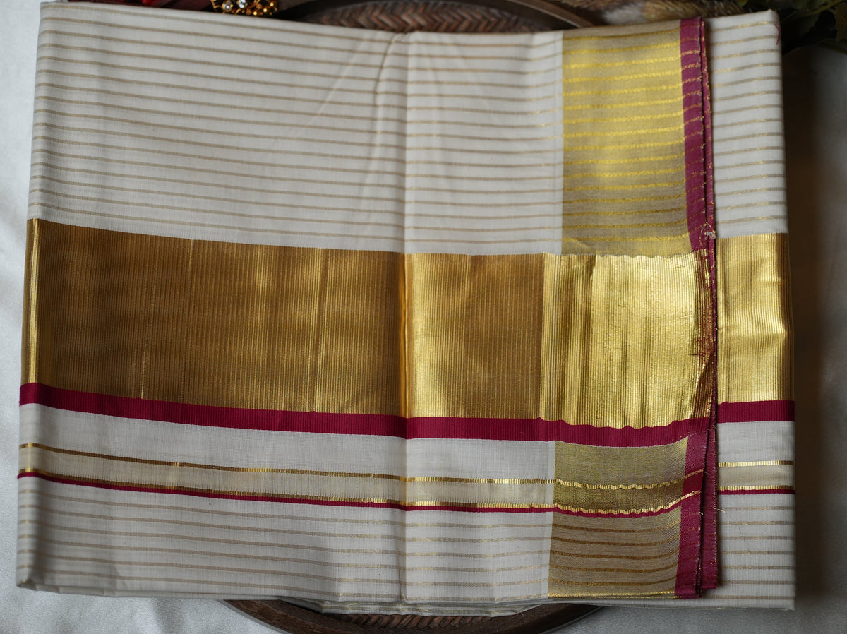 🌟 Golden Zari Stripes & Rich Maroon: Premium Cotton Kerala Saree ✨ - SAROYA