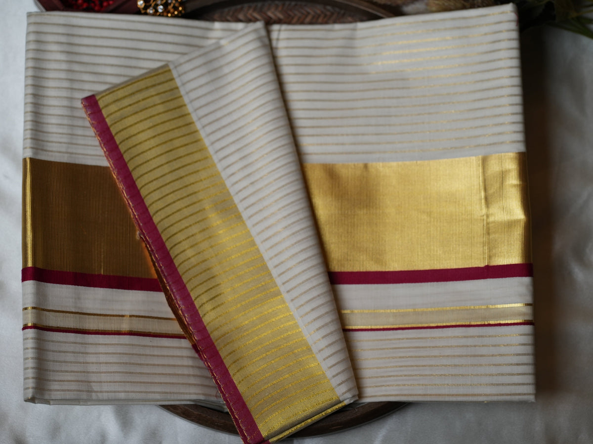 🌟 Golden Zari Stripes & Rich Maroon: Premium Cotton Kerala Saree ✨ - SAROYA