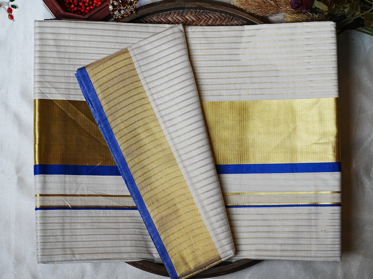 💙 Golden Zari Stripes & Royal Blue: Premium Cotton Kerala Saree ✨ - SAROYA