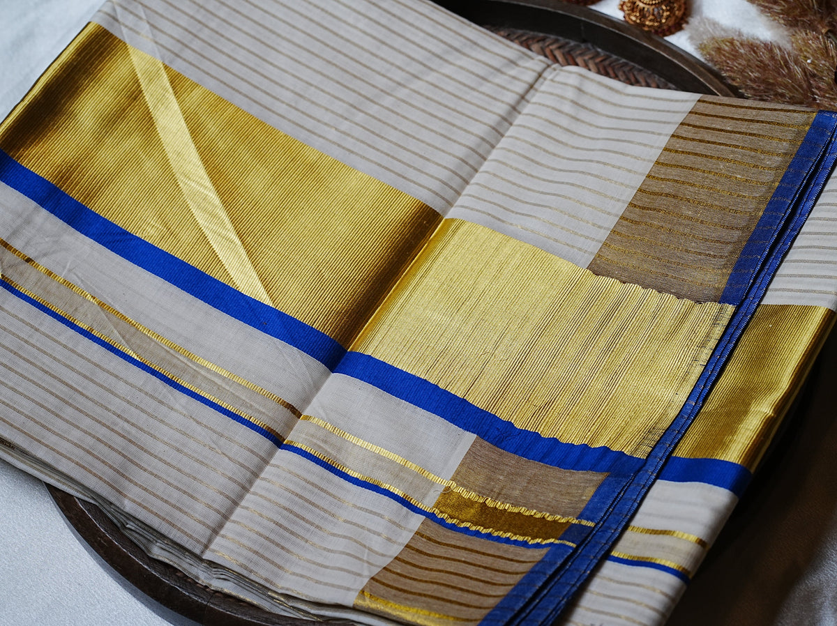 💙 Golden Zari Stripes & Royal Blue: Premium Cotton Kerala Saree ✨ - SAROYA