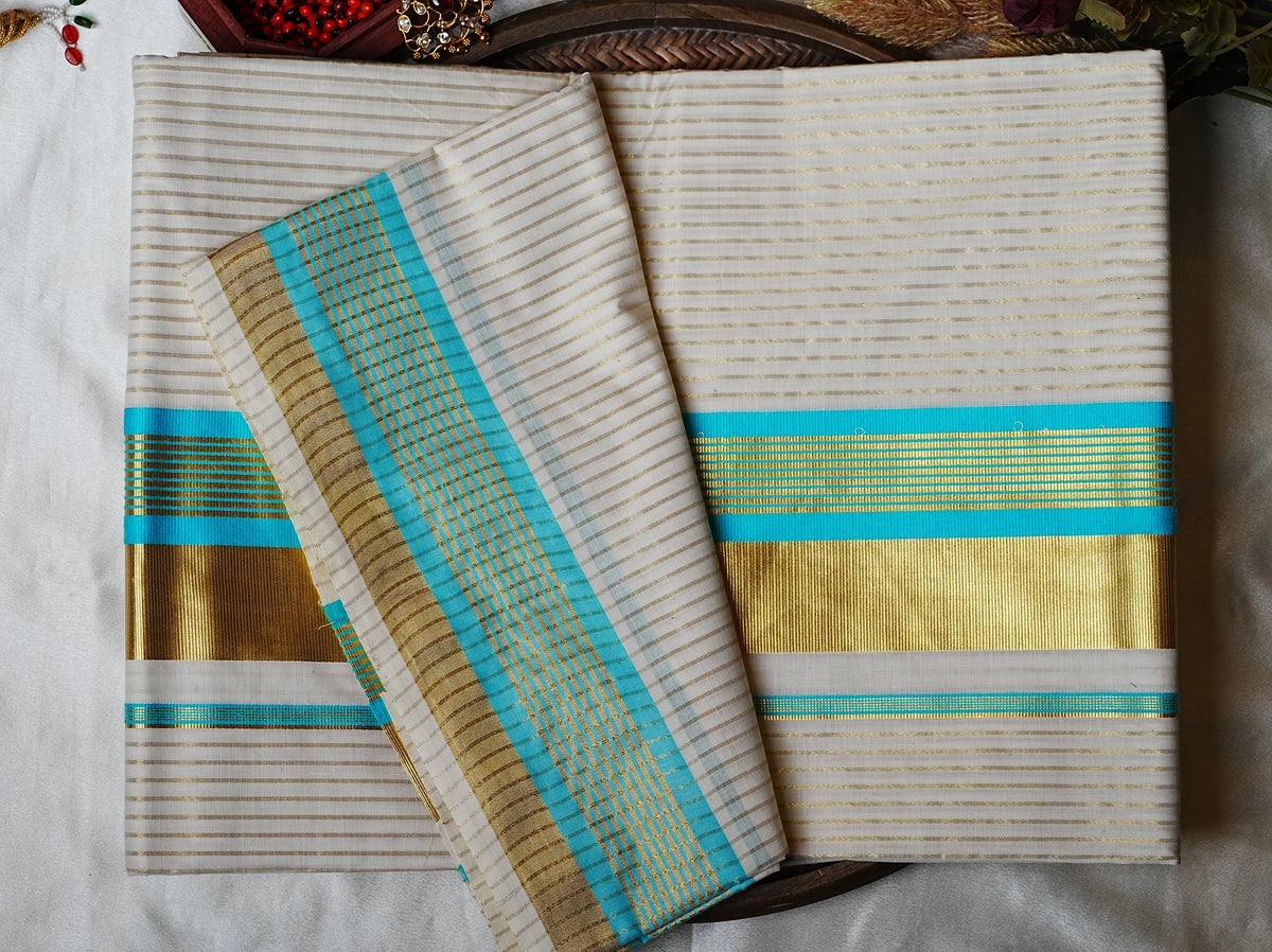 🌊 Golden Zari Stripes & Turquoise Blue: Premium Cotton Kerala Saree ✨ - SAROYA