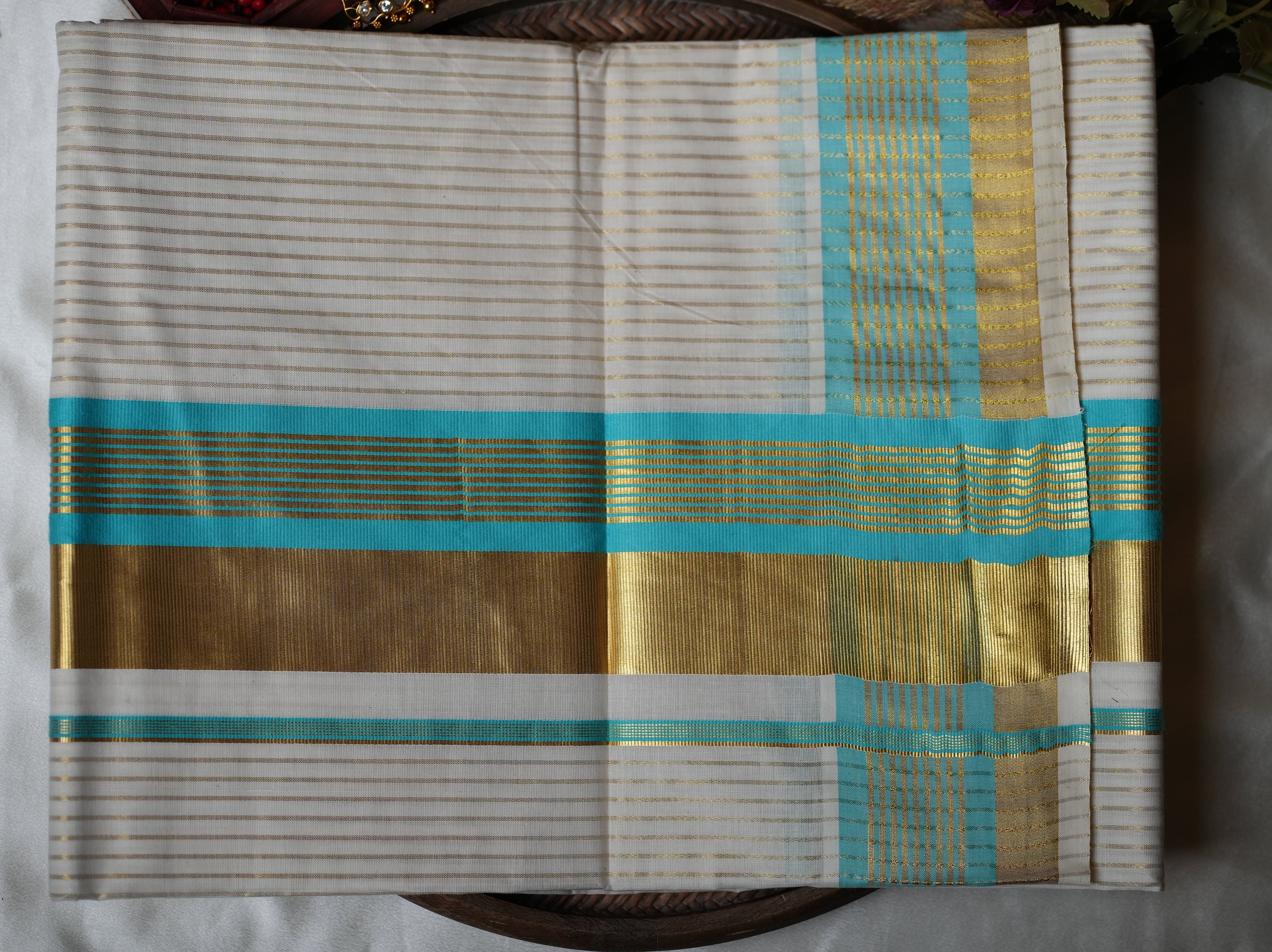 🌊 Golden Zari Stripes & Turquoise Blue: Premium Cotton Kerala Saree ✨ - SAROYA