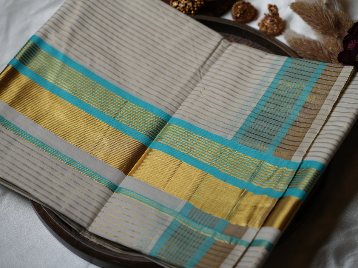🌊 Golden Zari Stripes & Turquoise Blue: Premium Cotton Kerala Saree ✨ - SAROYA