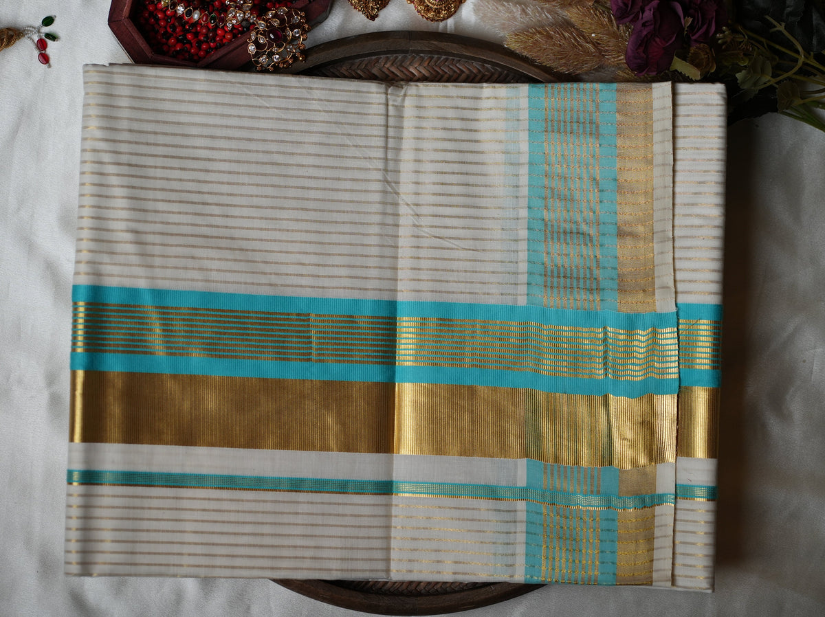 🌊 Golden Zari Stripes & Turquoise Blue: Premium Cotton Kerala Saree ✨ - SAROYA