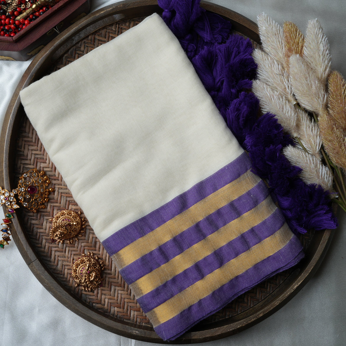 🤍 Ivory Pure Mul Cotton Saree with Royal Purple & Gold Zari Stripe Border ✨💜 - SAROYA