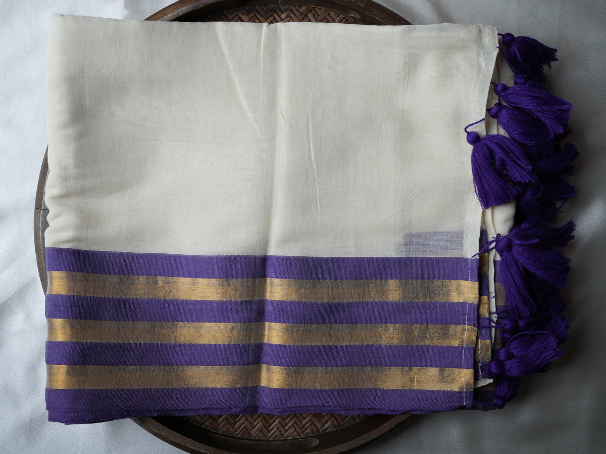 🤍 Ivory Pure Mul Cotton Saree with Royal Purple & Gold Zari Stripe Border ✨💜 - SAROYA