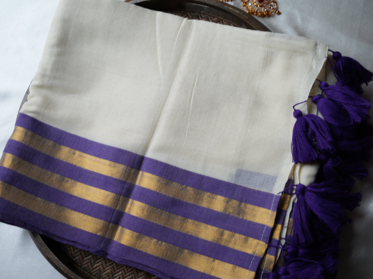 🤍 Ivory Pure Mul Cotton Saree with Royal Purple & Gold Zari Stripe Border ✨💜 - SAROYA
