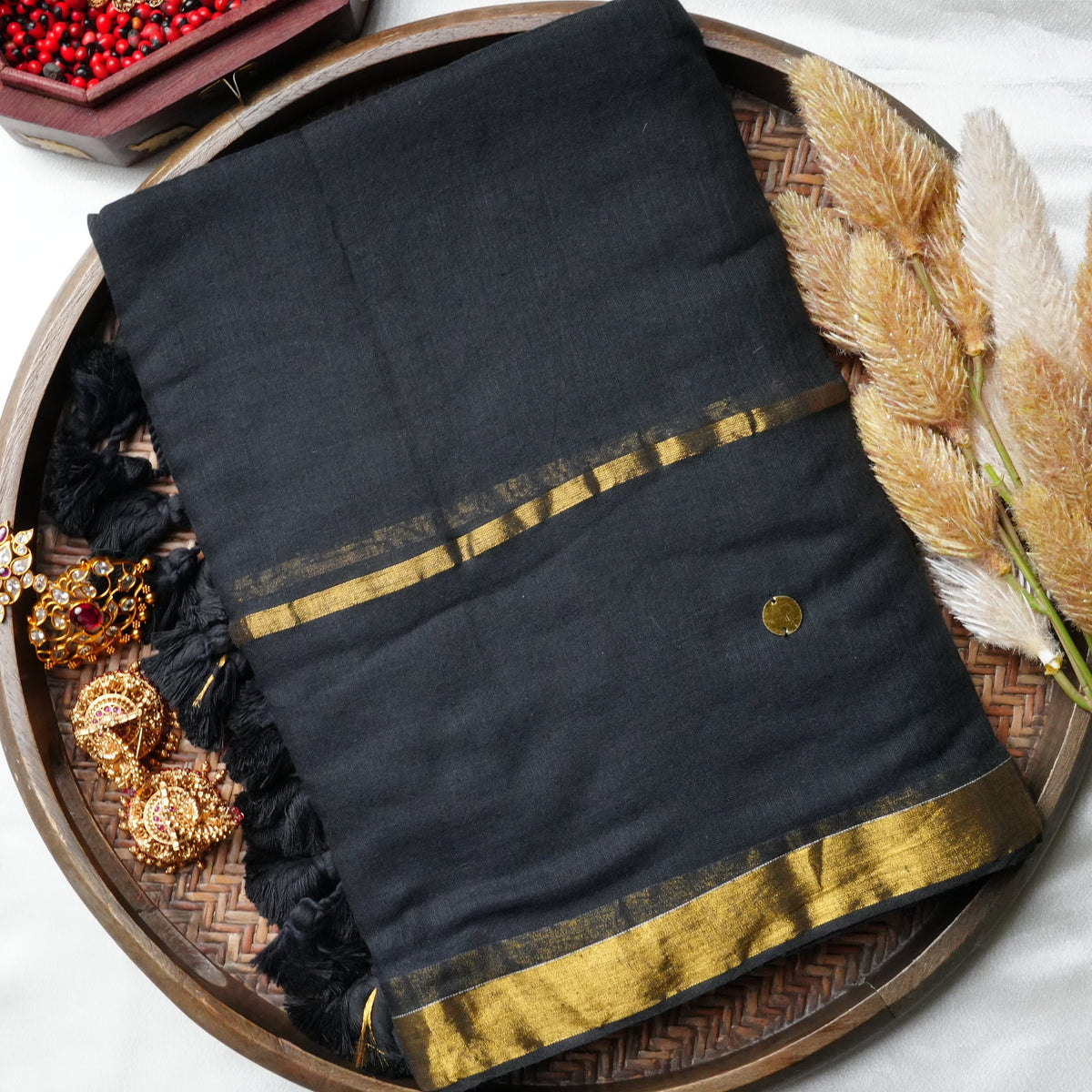 🖤 Jet Black Pure Mul Cotton Saree with Golden Zari Border & Playful Tassels ✨🥻 - SAROYA