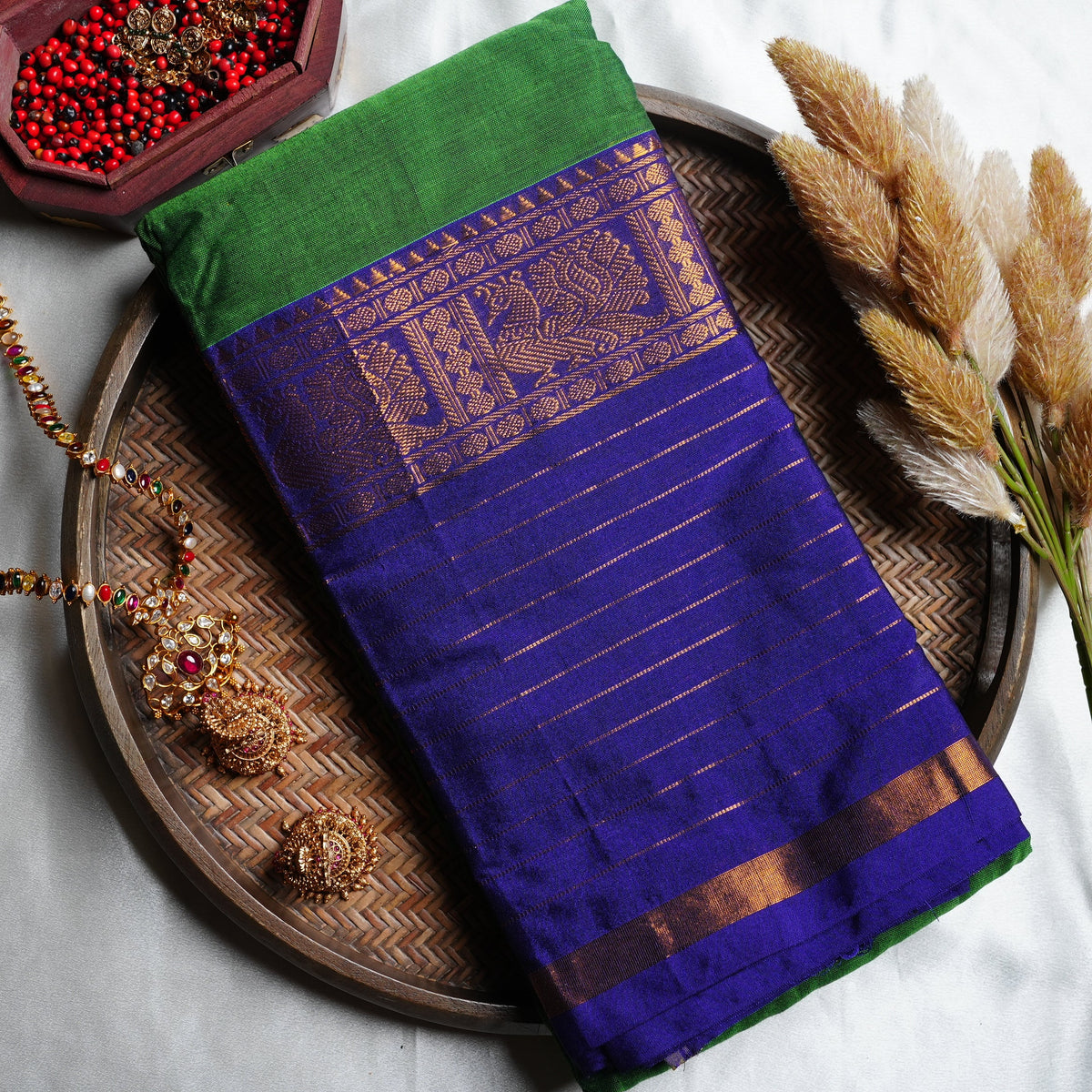 Leafy Green Narayanpeth Cotton Saree with Traditional Peacock & Gold Borders - SAROYA