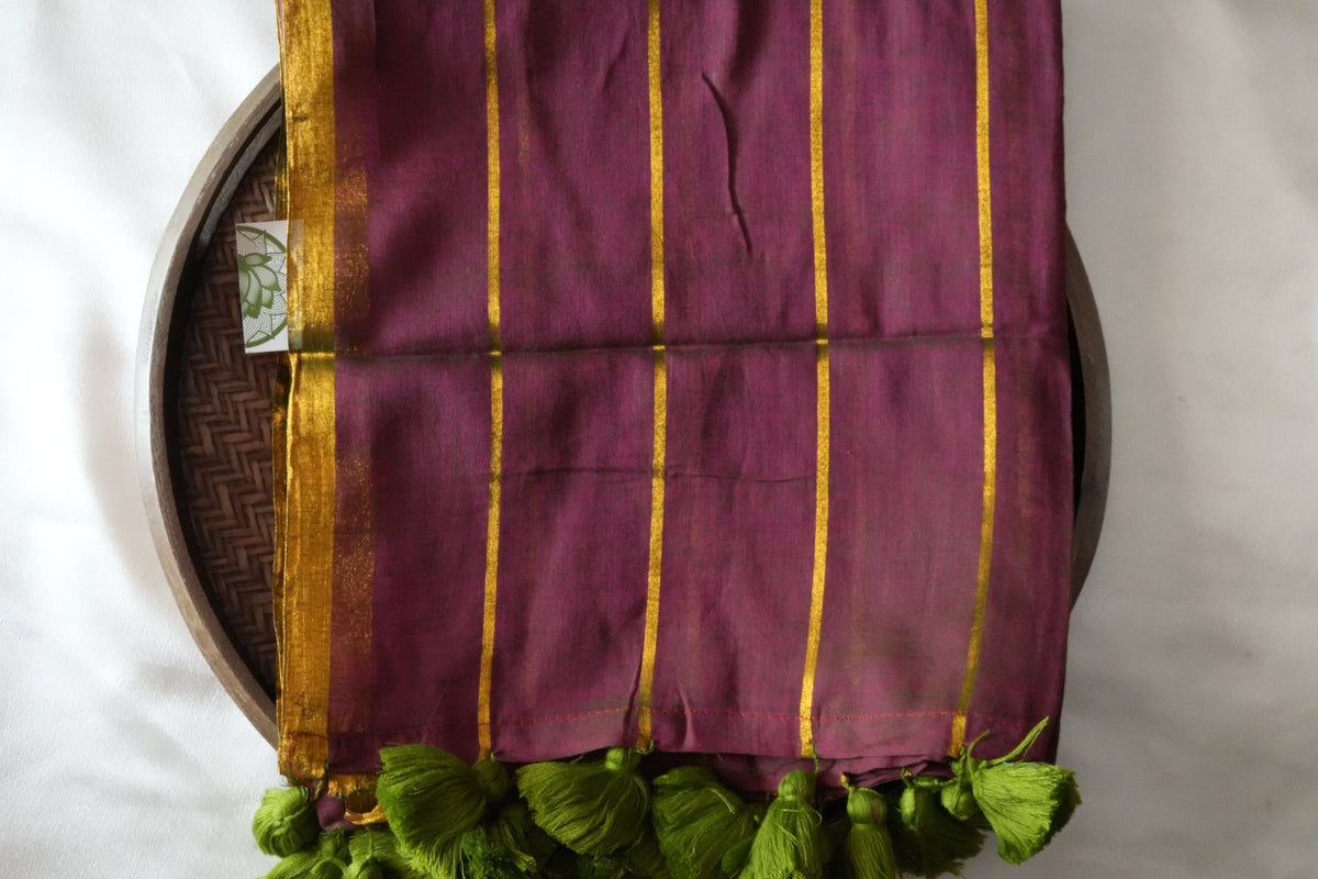 Luxurious Wine Purple Mul Cotton Saree with Olive Green Tassels - SAROYA