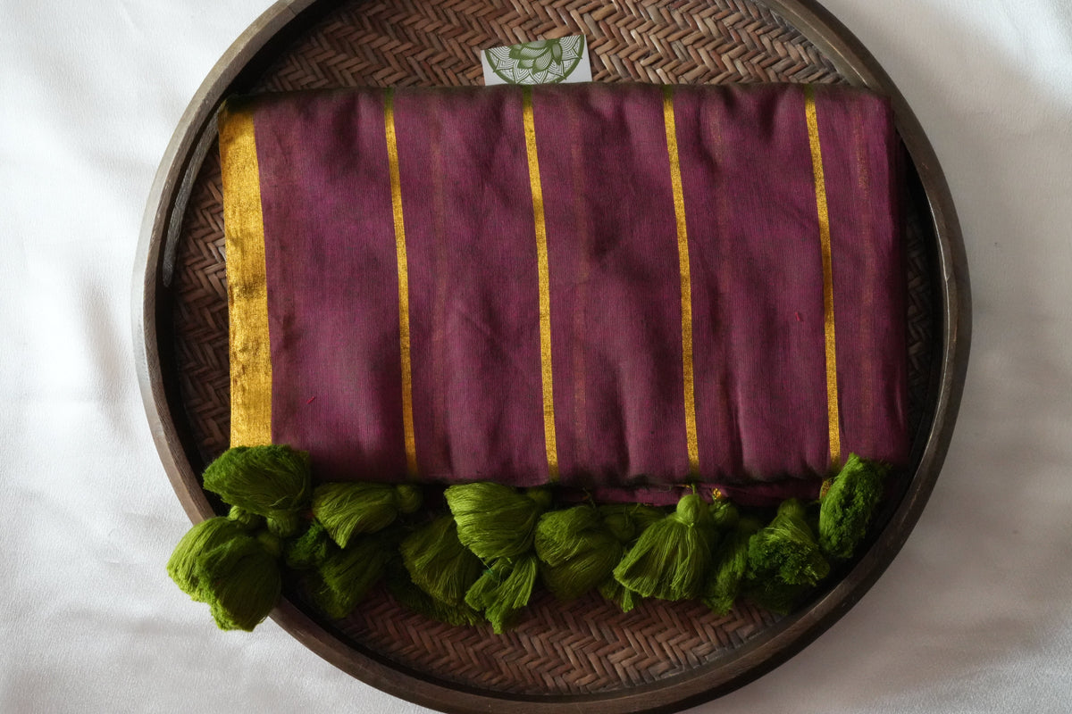 Luxurious Wine Purple Mul Cotton Saree with Olive Green Tassels - SAROYA
