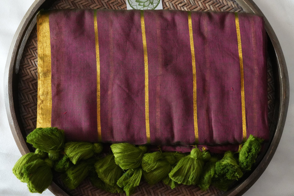 Luxurious Wine Purple Mul Cotton Saree with Olive Green Tassels - SAROYA
