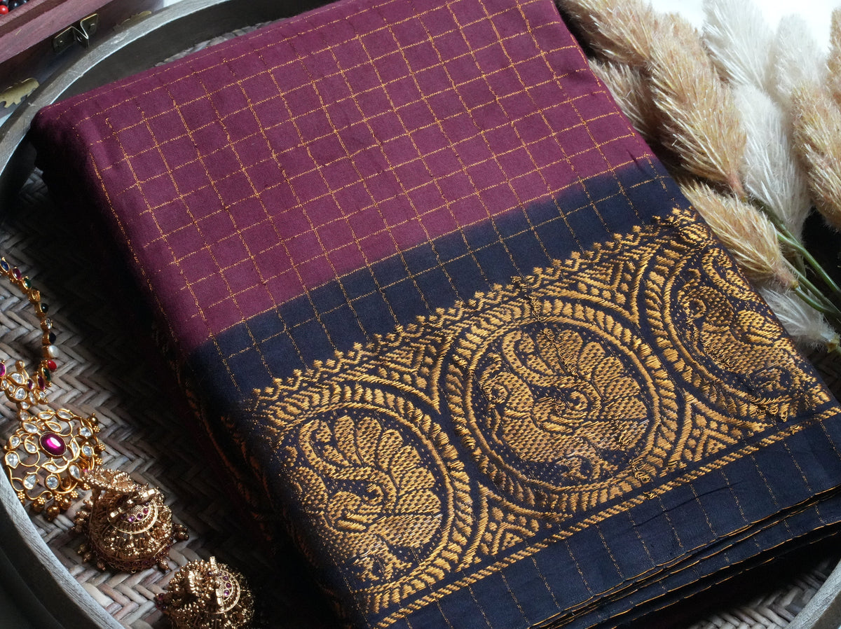 🍇 Magenta Maroon & Midnight Blue Zari Check Sungudi Cotton Saree 🌟 - SAROYA