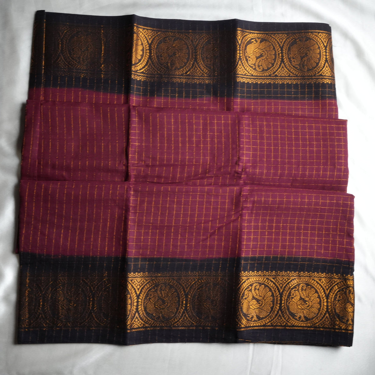 🍇 Magenta Maroon & Midnight Blue Zari Check Sungudi Cotton Saree 🌟 - SAROYA