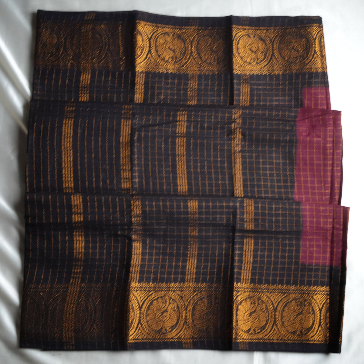🍇 Magenta Maroon & Midnight Blue Zari Check Sungudi Cotton Saree 🌟 - SAROYA