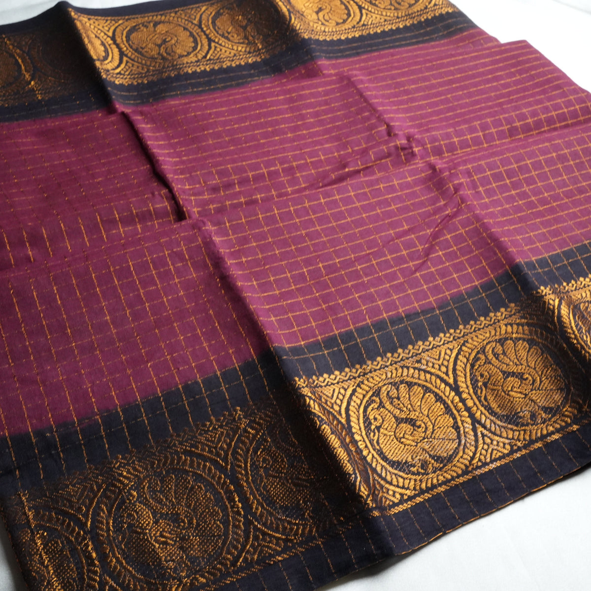 🍇 Magenta Maroon & Midnight Blue Zari Check Sungudi Cotton Saree 🌟 - SAROYA