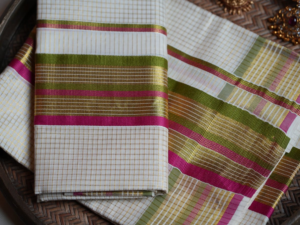 🌿 Magenta & Olive Green Cotton Kerala Set Mundu with Gold Kasavu Border 🌟 - SAROYA