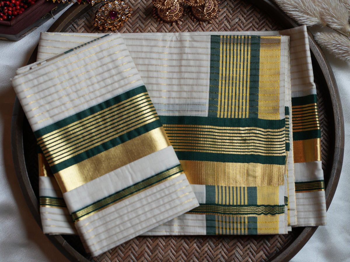 Majestic Forest Green & Gold Premium Handloom Replica Kerala Set Mundu - SAROYA