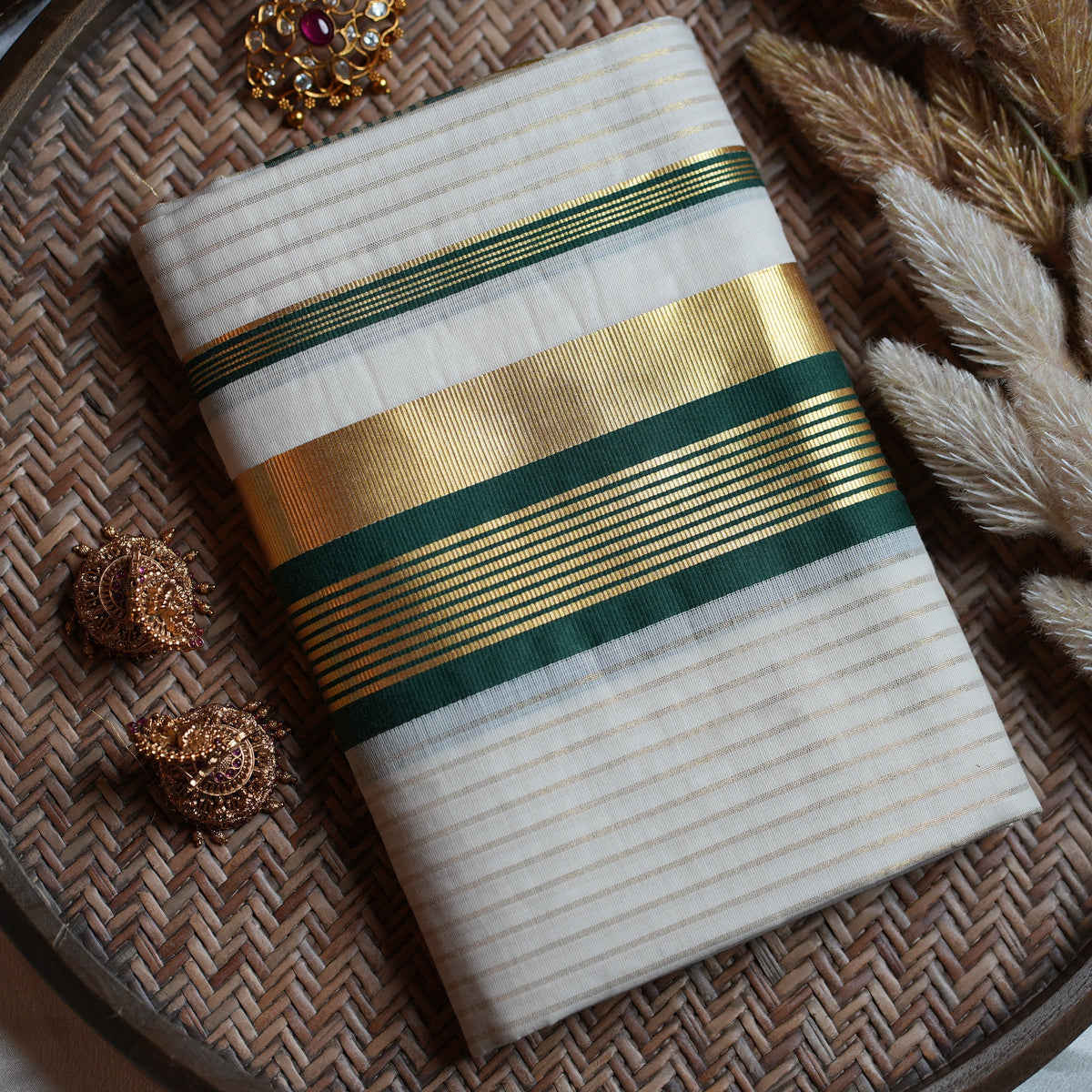 Majestic Forest Green & Gold Premium Handloom Replica Kerala Set Mundu - SAROYA