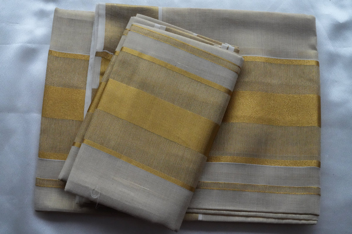 Majestic Pale Gold Tissue Kerala Single Set Mundu with Broad Kasavu Borders (With Matching Blouse) - SAROYA
