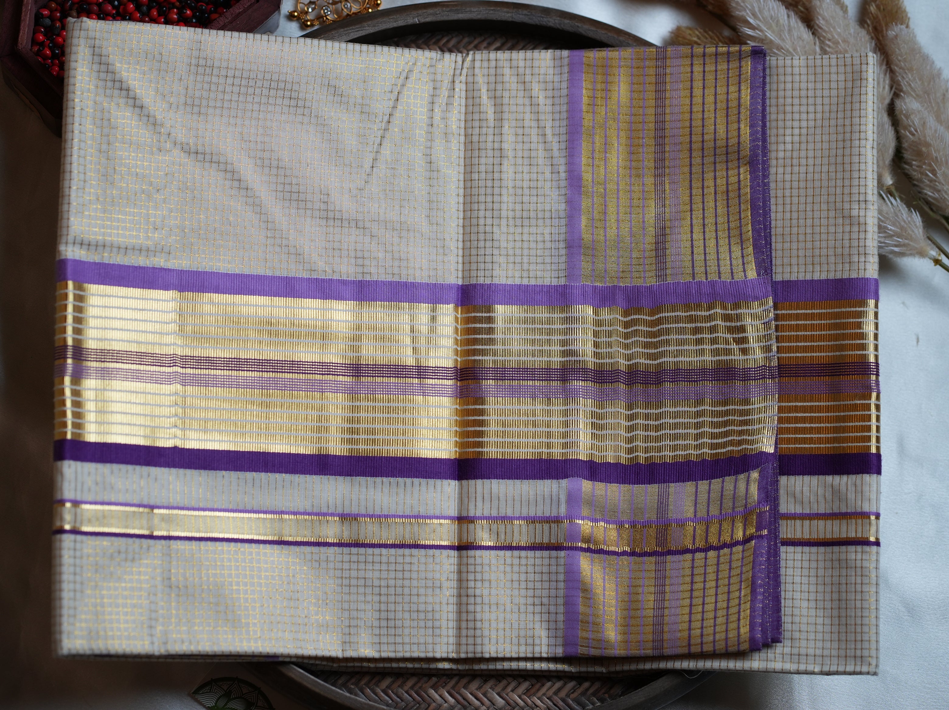 Majestic Purple & Gold Handloom Replica Kerala Saree - SAROYA