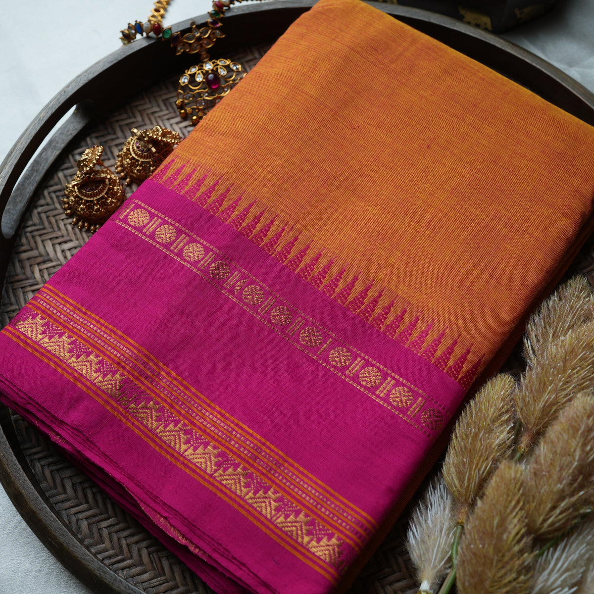 Mango Yellow & Rani Pink Kanchi Cotton Saree with Temple Border - SAROYA