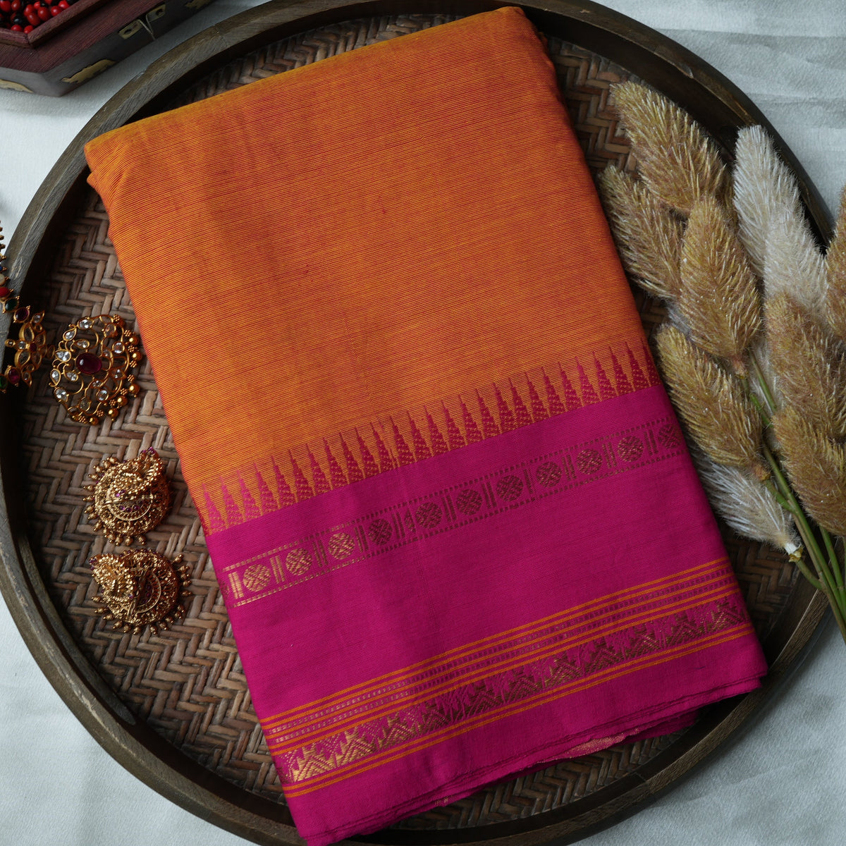 Mango Yellow & Rani Pink Kanchi Cotton Saree with Temple Border - SAROYA