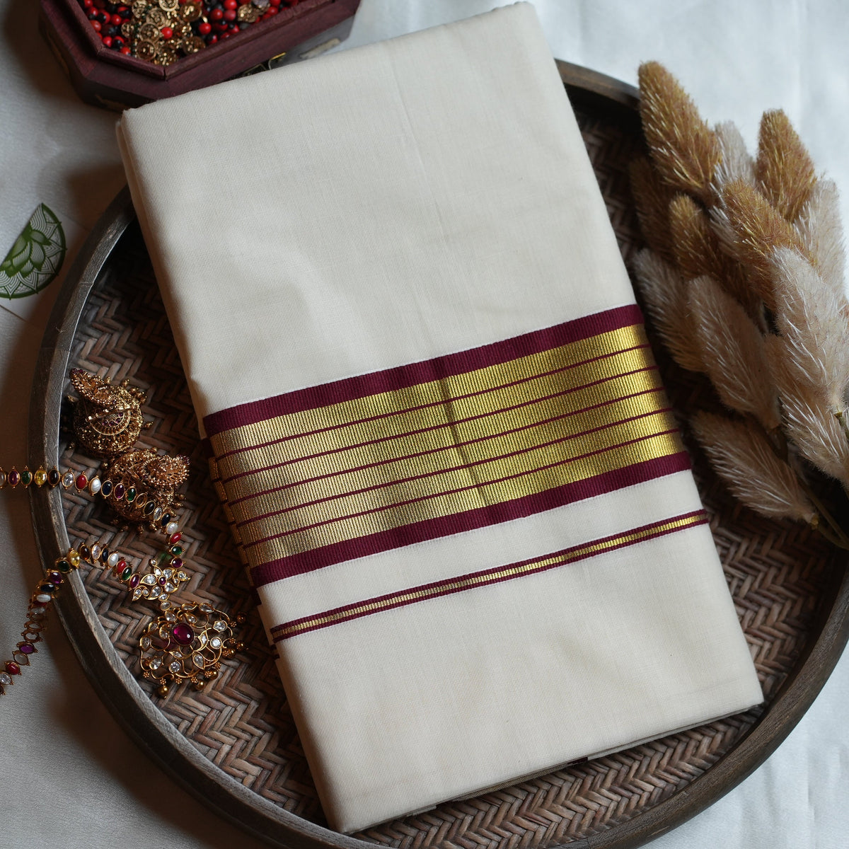 🍇 Maroon & Gold Premium Soft Cotton Handloom ReplicaKerala Saree 🌟 - SAROYA