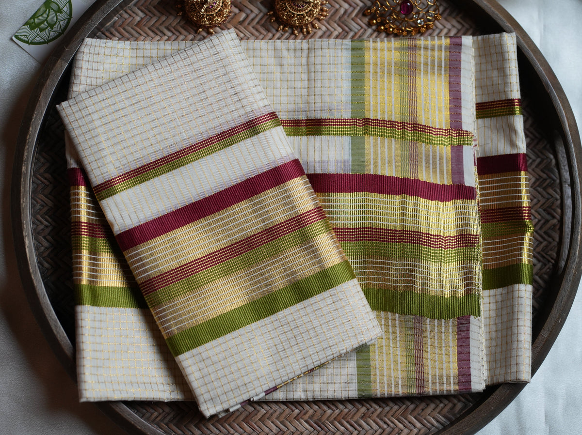 🍃 Maroon & Olive Green Cotton Kerala Set Mundu with Gold Kasavu Stripes 🌟 - SAROYA