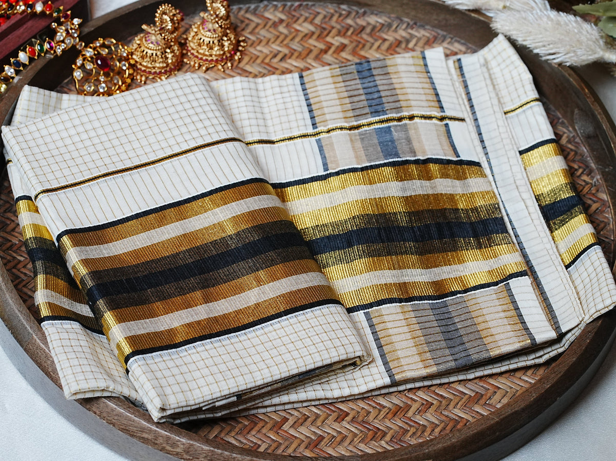 🌟 Metallic Gold & Midnight Black: Premium Checkered Cotton Kerala Single Set Mundu ✨ - SAROYA