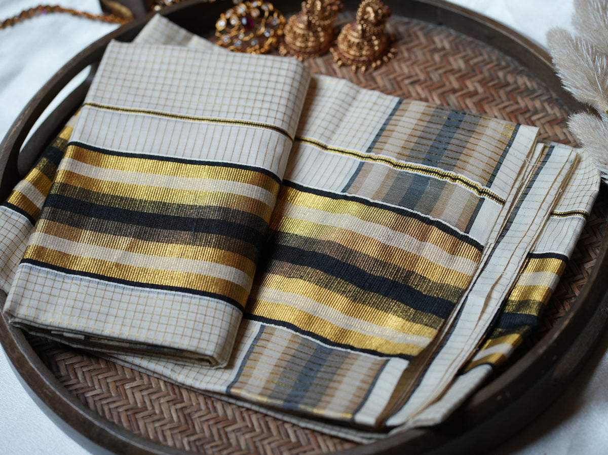 🌟 Metallic Gold & Midnight Black: Premium Checkered Cotton Kerala Single Set Mundu ✨ - SAROYA
