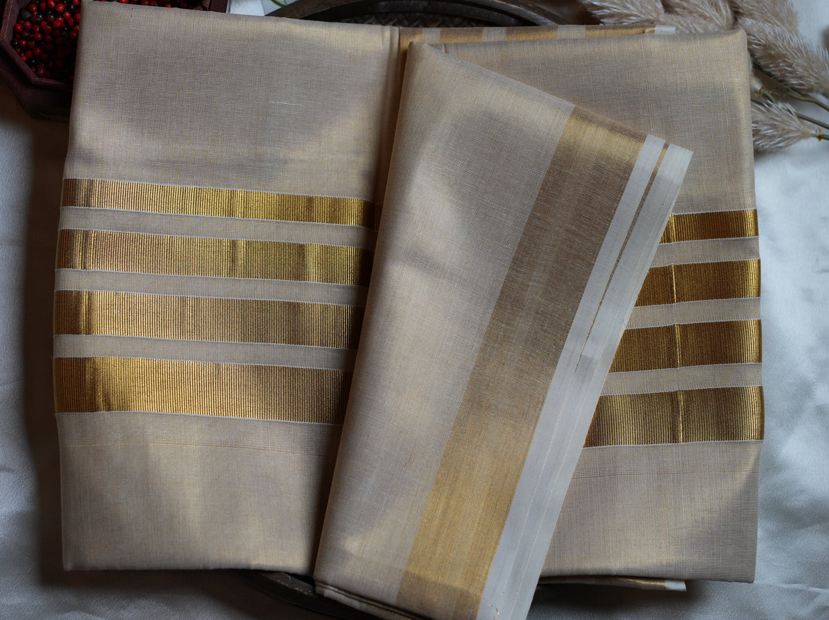 ✨ Metallic Gold Tissue Kerala Saree with Striped Kasavu Pallu & Border 🌟 - SAROYA