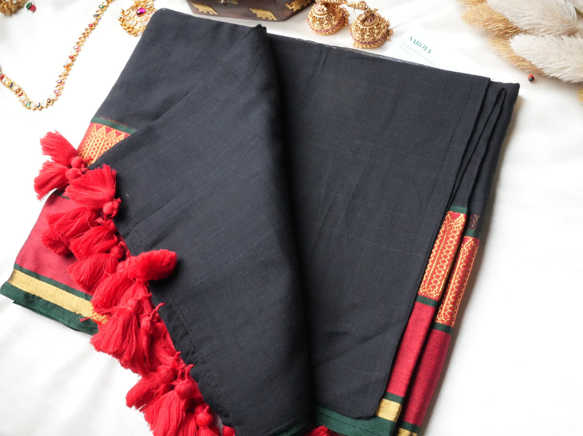 🖤 Midnight Black & Crimson Red Premium Mul Cotton Saree | Rich Zari Border by Saroya ✨🥻❤️ - SAROYA