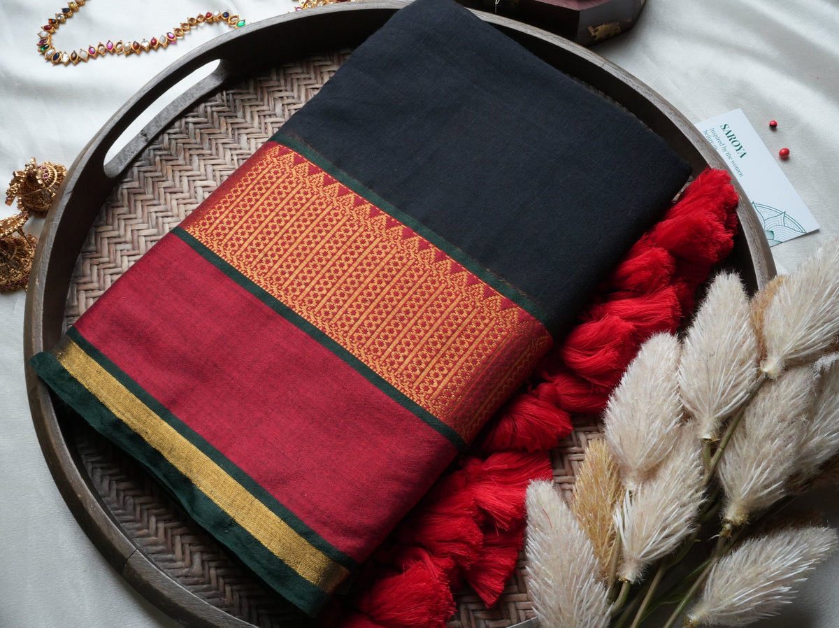 🖤 Midnight Black & Crimson Red Premium Mul Cotton Saree | Rich Zari Border by Saroya ✨🥻❤️ - SAROYA