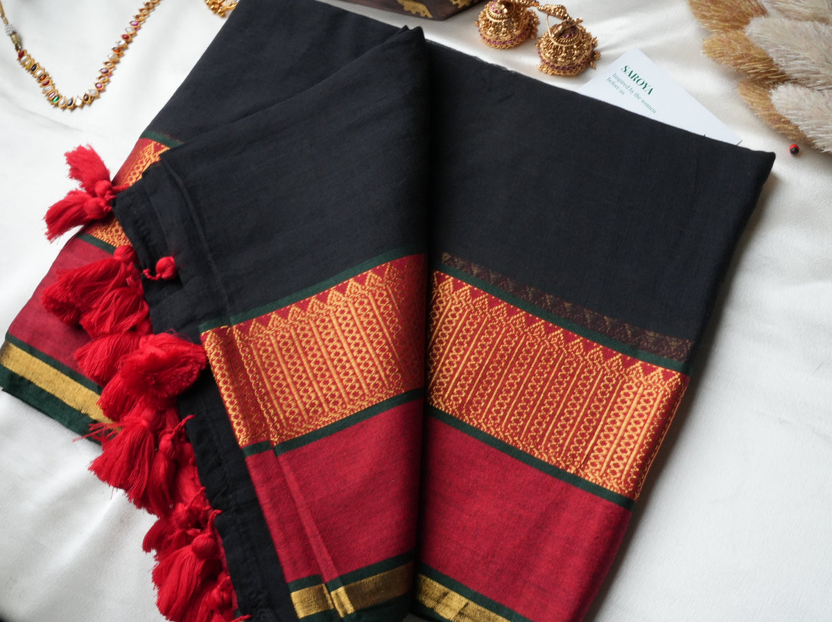🖤 Midnight Black & Crimson Red Premium Mul Cotton Saree | Rich Zari Border by Saroya ✨🥻❤️ - SAROYA
