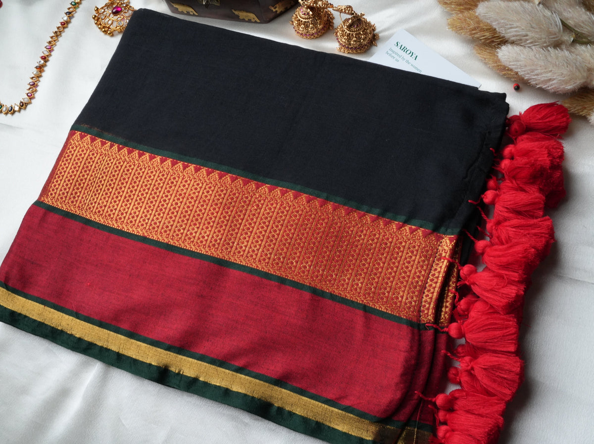 🖤 Midnight Black & Crimson Red Premium Mul Cotton Saree | Rich Zari Border by Saroya ✨🥻❤️ - SAROYA