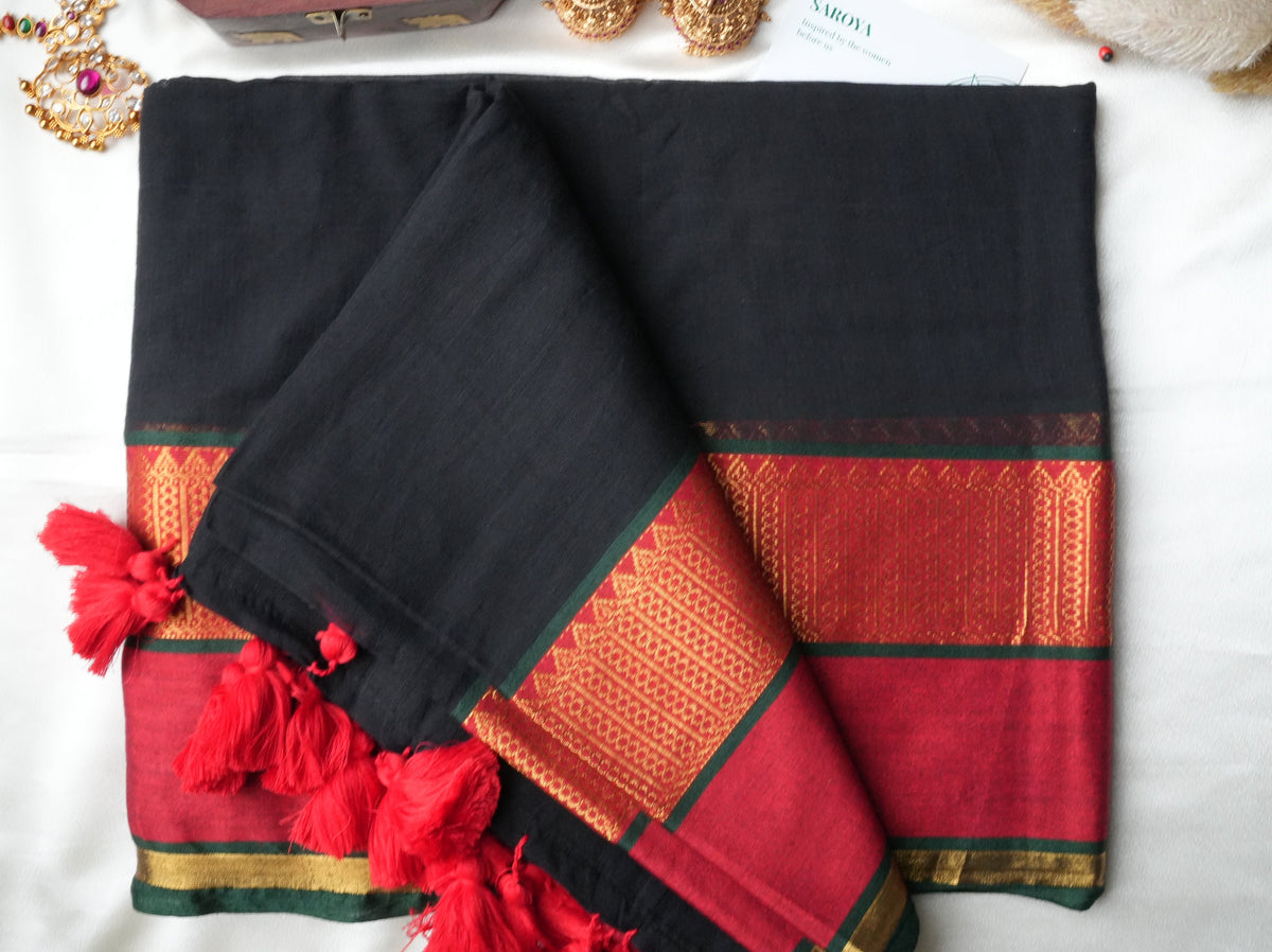 🖤 Midnight Black & Crimson Red Premium Mul Cotton Saree | Rich Zari Border by Saroya ✨🥻❤️ - SAROYA