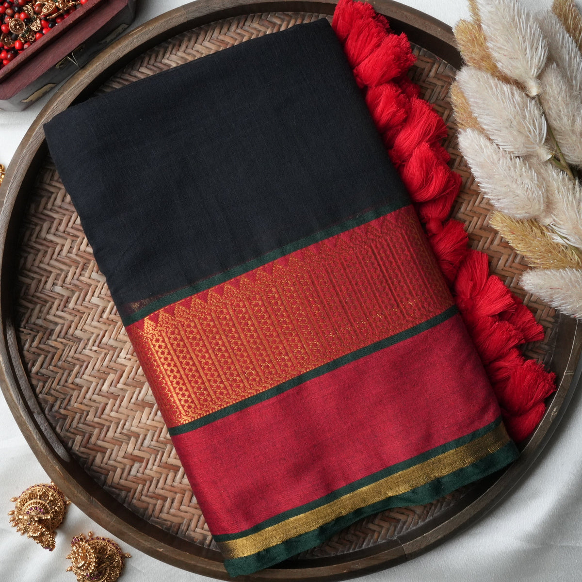 🖤 Midnight Black & Crimson Red Premium Mul Cotton Saree | Rich Zari Border by Saroya ✨🥻❤️ - SAROYA